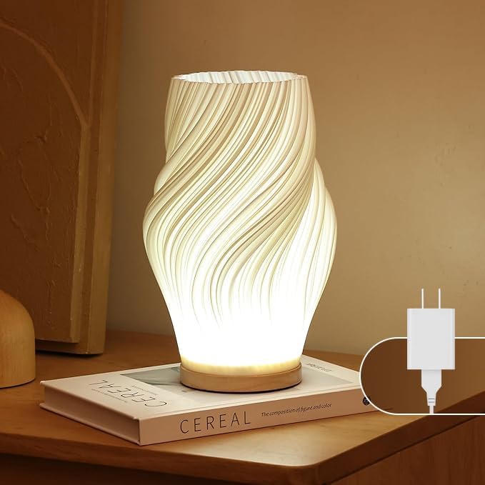 Bedside Lamp with Woodbase - Button Control Table Lamp for Bedroom 12 Way Dimmable Nightstand Lamp with PLA Lampshade for Living Room, Kids Room, College Dorm, Office (White-A, Medium) - MR SOFT ART STORE