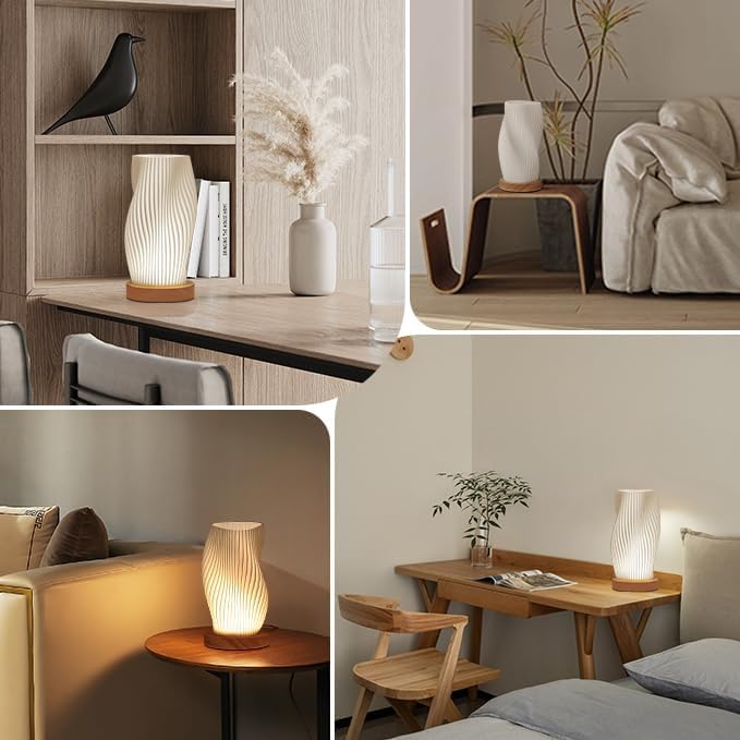 Bedside Lamp with Woodbase - Button Control Table Lamp for Bedroom 12 Way Dimmable Nightstand Lamp with PLA Lampshade for Living Room, Kids Room, College Dorm, Office (White-A, Medium) - MR SOFT ART STORE