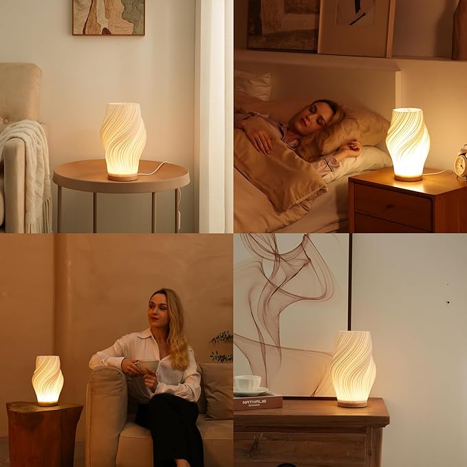 Bedside Lamp with Woodbase - Button Control Table Lamp for Bedroom 12 Way Dimmable Nightstand Lamp with PLA Lampshade for Living Room, Kids Room, College Dorm, Office (White-A, Medium) - MR SOFT ART STORE