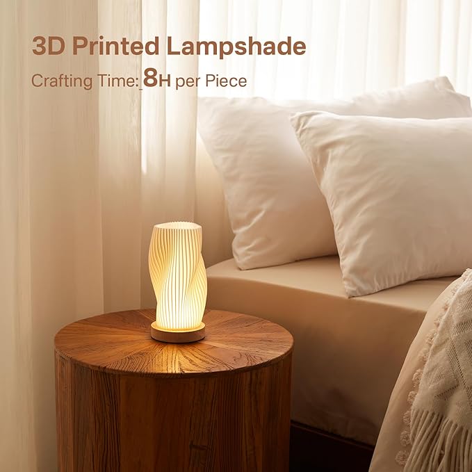 Bedside Lamp with Woodbase - Button Control Table Lamp for Bedroom 12 Way Dimmable Nightstand Lamp with PLA Lampshade for Living Room, Kids Room, College Dorm, Office (White-A, Medium) - MR SOFT ART STORE