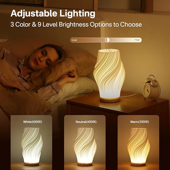 Bedside Lamp with Woodbase - Button Control Table Lamp for Bedroom 12 Way Dimmable Nightstand Lamp with PLA Lampshade for Living Room, Kids Room, College Dorm, Office (White-A, Medium) - MR SOFT ART STORE