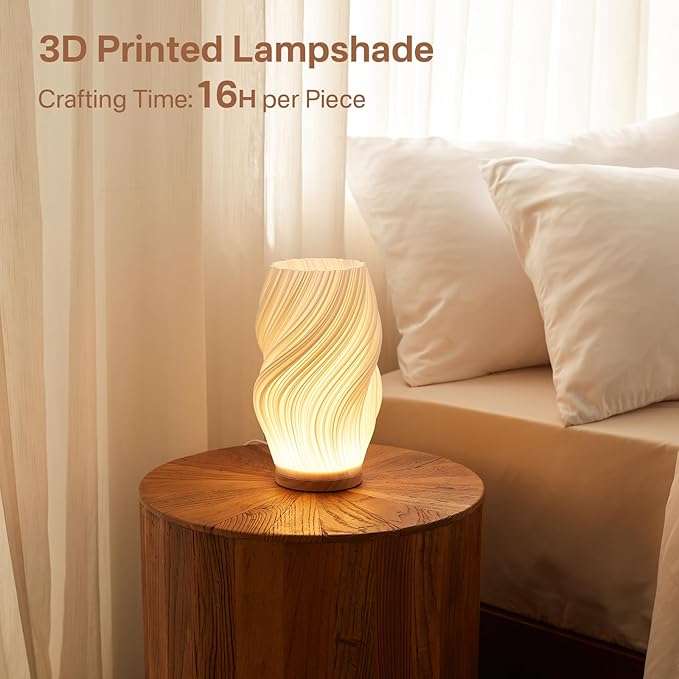 Bedside Lamp with Woodbase - Button Control Table Lamp for Bedroom 12 Way Dimmable Nightstand Lamp with PLA Lampshade for Living Room, Kids Room, College Dorm, Office (White-A, Medium) - MR SOFT ART STORE
